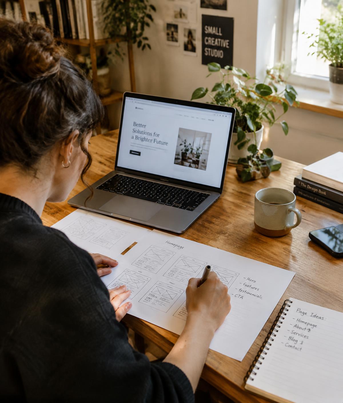 Designer sketching website wireframes beside a laptop